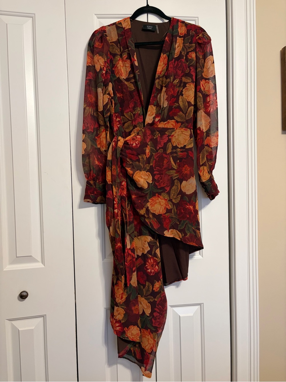 Vici Harvest Love Floral Print Wrap Midi Dress - Burgundy,Brown,Mustard,& Olive